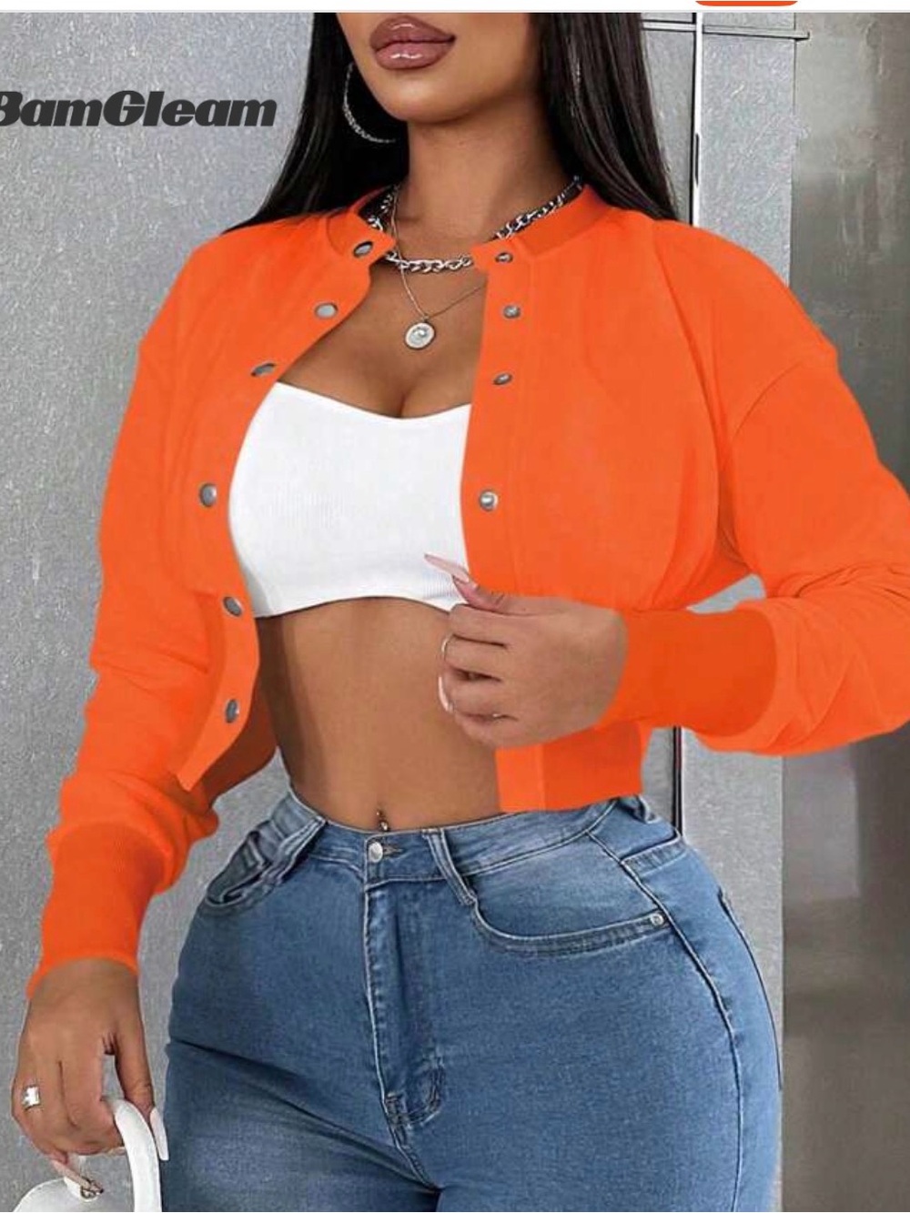 Women's Orange Cropped Bomber Jacket